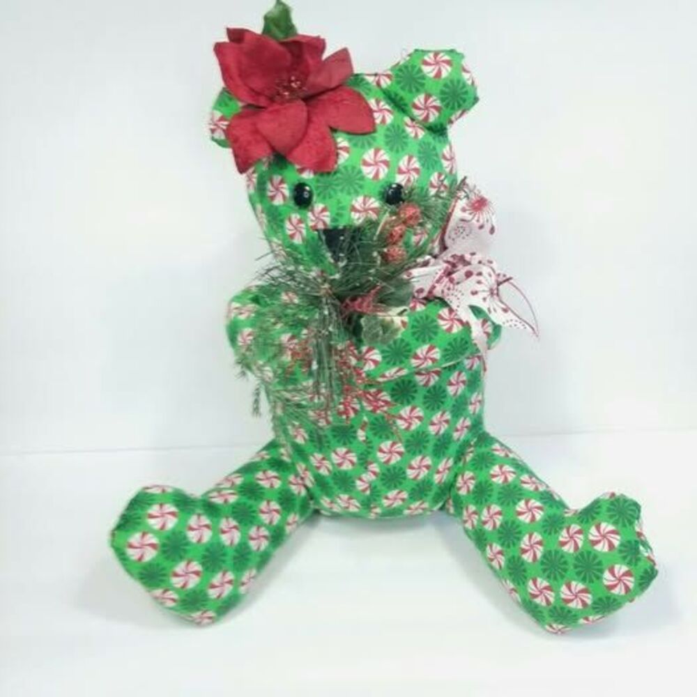 Green Peppermint Candy Cane Christmas Teddy Bear Handmade 16" Poinsettia Red